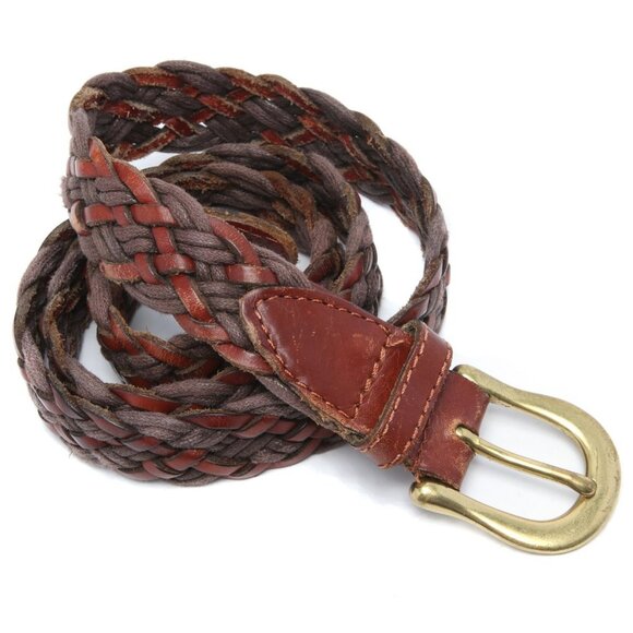 Vintage Leather Braided Belt Solid Brass Buckle Browns Retro Unisex 1990s - Picture 3 of 10